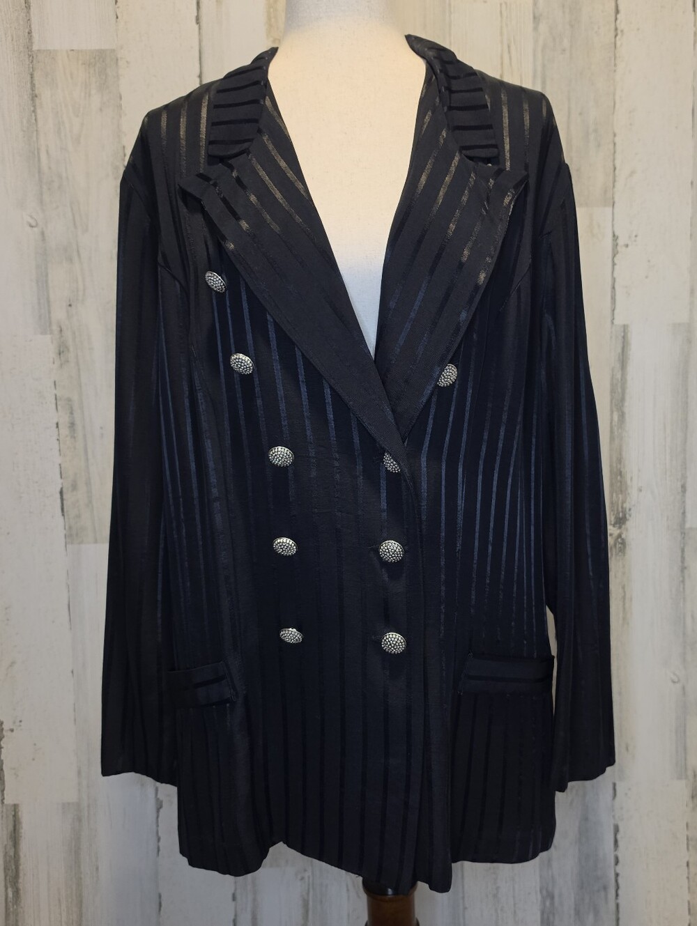 Vintage 90s Dress Savvy NY Black Stripe Double Breasted Blazer Jacket USA Sz 16